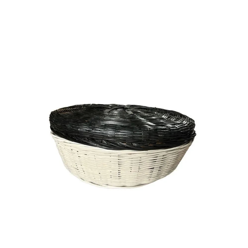 Vintage Black & White Wicker Basket with Lid Round Storage Sewing Box